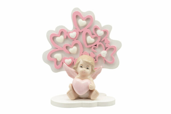 ALBERO DELLA VITA CUORI ROSA MEDIO C/PORCELLANA ROSA CM. 4 X 6 H  CON BOX E FAZZOLETTO PRNB24191