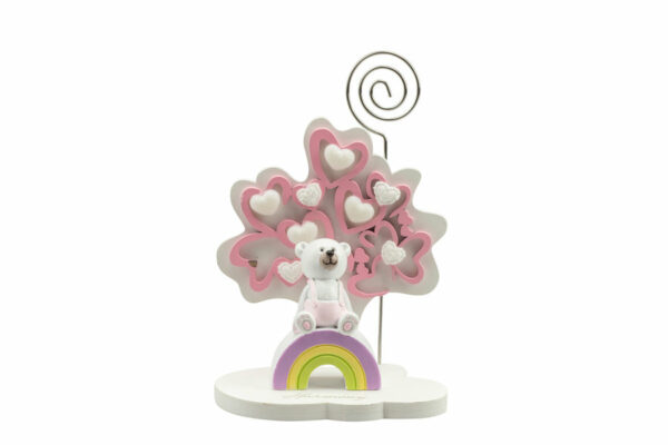 ALBERO DELLA VITA CUORI ROSA PICCOLO C/ORSETTO GIRL 3D RESINA SU ARCOBALENO C/FAZZ. RSNB24189