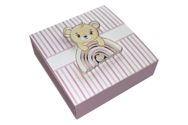 SCATOLINA A RIGHE GIRL CM.8X8X2.5 CON MAGNETE ORSETTO CON ARCOBALENO SILVER S2801A