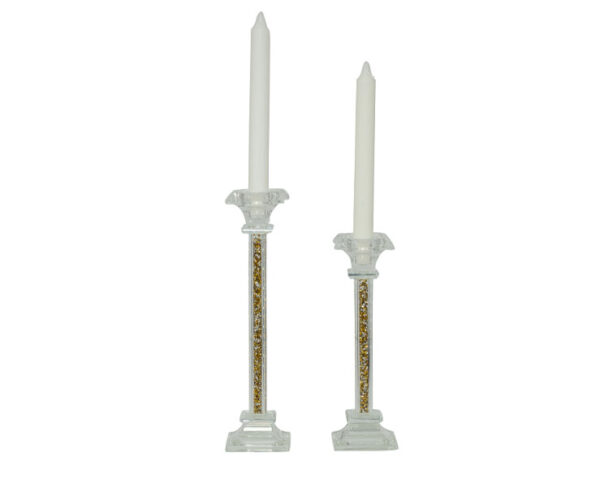 COPPIA PORTA CANDELA CRISTALLO CM.23 + 28 H CON GLITTER ORO CON CANDELE