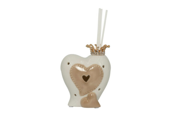 PROFUMATORE CUORE PORCELLANA BIANCA/TORTORA CON CORONA METALLO ORO CON LED