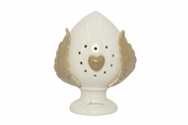 PUMO MEDIO PORCELLANA BIANCA CON CUORE E FOGLIE TORTORA CON LED