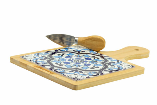 TAGLIERE GRANDE PORCELLANA CON MANICO LEGNO, DECALCO MAIOLICA BLUE