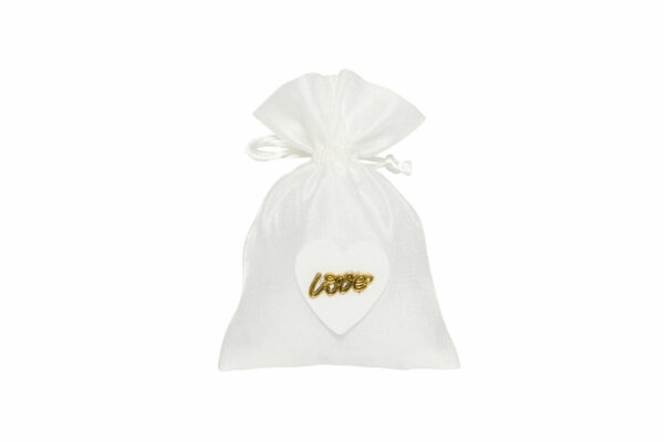 SACCHETTO LUCIDO BIANCO CON TIRANTI CON APPLICAZIONE CUORE LEGNO E SCRITTA "LOVE" IN GOLD