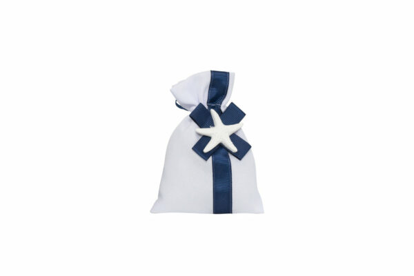 SACCHETTO COTONE BIANCO CON TIRANTI E NASTRI BLUE CON APPLICAZIONI MARINE GESSETTO 4 ASSORTITE 