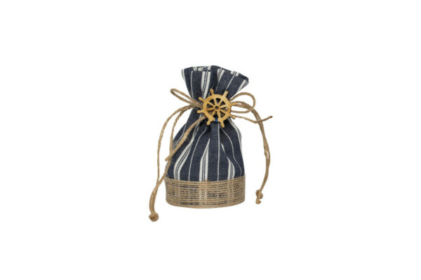 SACCHETTO CON BASE IN COTONE BLUE A RIGHE E TIRANTI IN CORDA CON APPLICAZIONI MARINE IN LEGNO 3 ASSORTITI