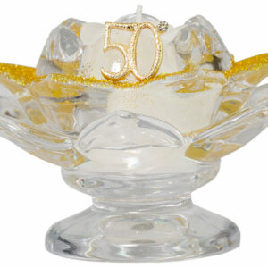 PORTA CANDELA FIORE DI LOTO CON PIEDE VETRO CON COLORAZIONE GLITTER GOLD + APPL. 50°