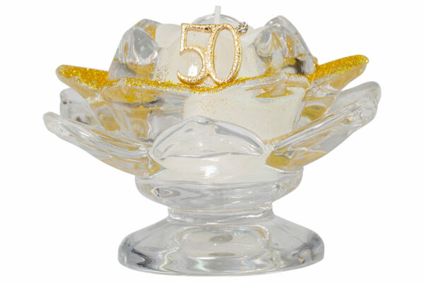 PORTA CANDELA FIORE DI LOTO CON PIEDE VETRO CON COLORAZIONE GLITTER GOLD + APPL. 50°