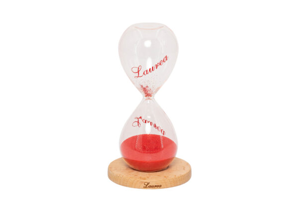CLESSIDRA LAUREA CM. 13 H CON SABBIA ROSSA CON GLITTER CON BASE LEGNO