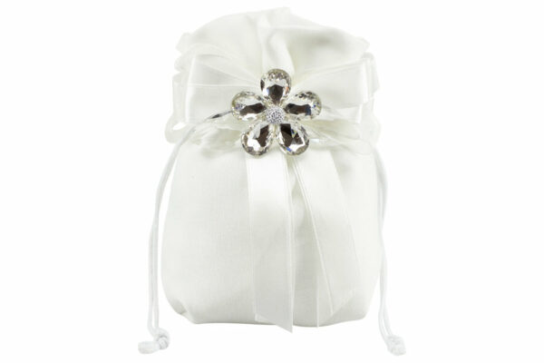 SACCHETTO COTONE BIANCO CON SPILLA FIORE CRISTALLO CON PETALI