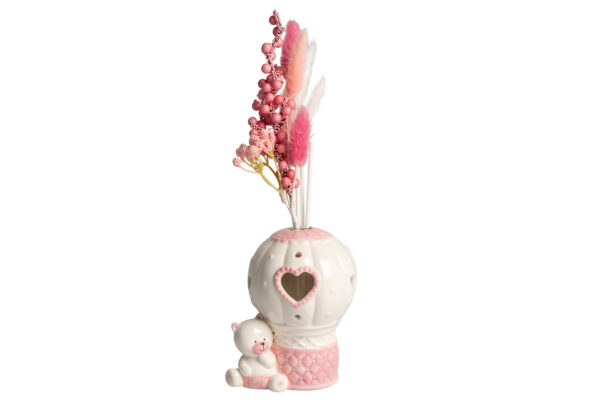 PROFUMATORE MONGOLFIERA CON CON ORSETTO ROSA CON LED CON PAMPAS C/BOX E FAZZOLETTO