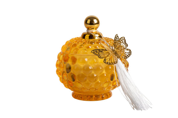CANDELA VETRO PROFUMATA (VANILLA) POTICHE AMBRA CM. 10x12,5h.  CON TASSEL + FARFALLINA ORO - C