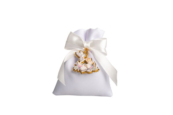 SACCHETTO BIANCO CON CON PORTA CHIAVI CALICE COMUNIONE GOLD FINISH