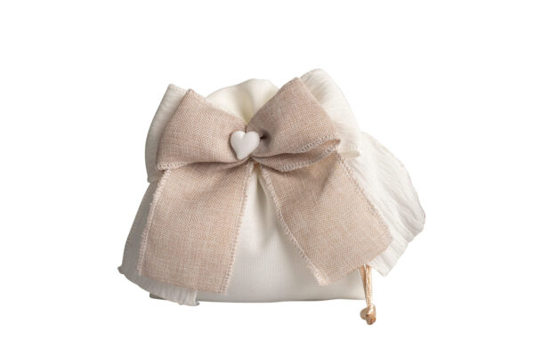 SACCHETTO CREMA COTONE CON DOPPIO FIOCCO BIANCO/TORTORA CON CUORE GESSO