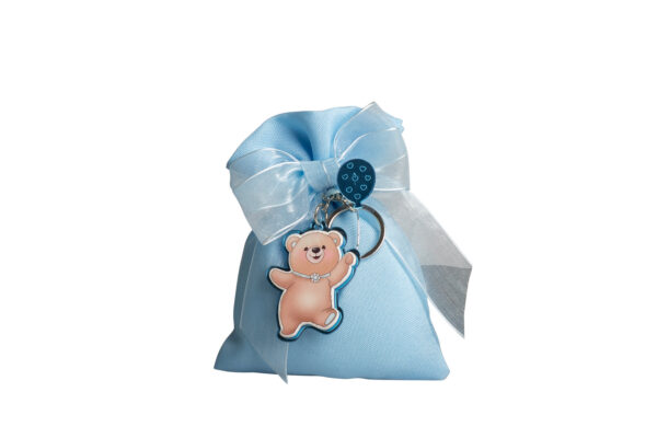 SACCHETTO CELESTE CON PORTA CHIAVI ORSETTO CON PALLONCINO CELESTE