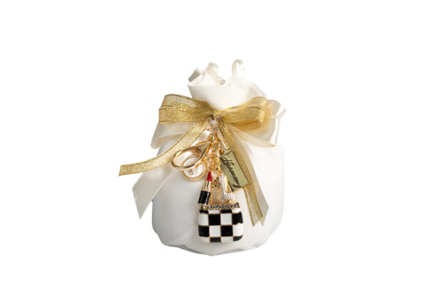 PORTA CHIAVI BORSETTA A SCACCHI CON FIOCCO STRASS CON CHARMS CON SACCHETTONE CREMA
