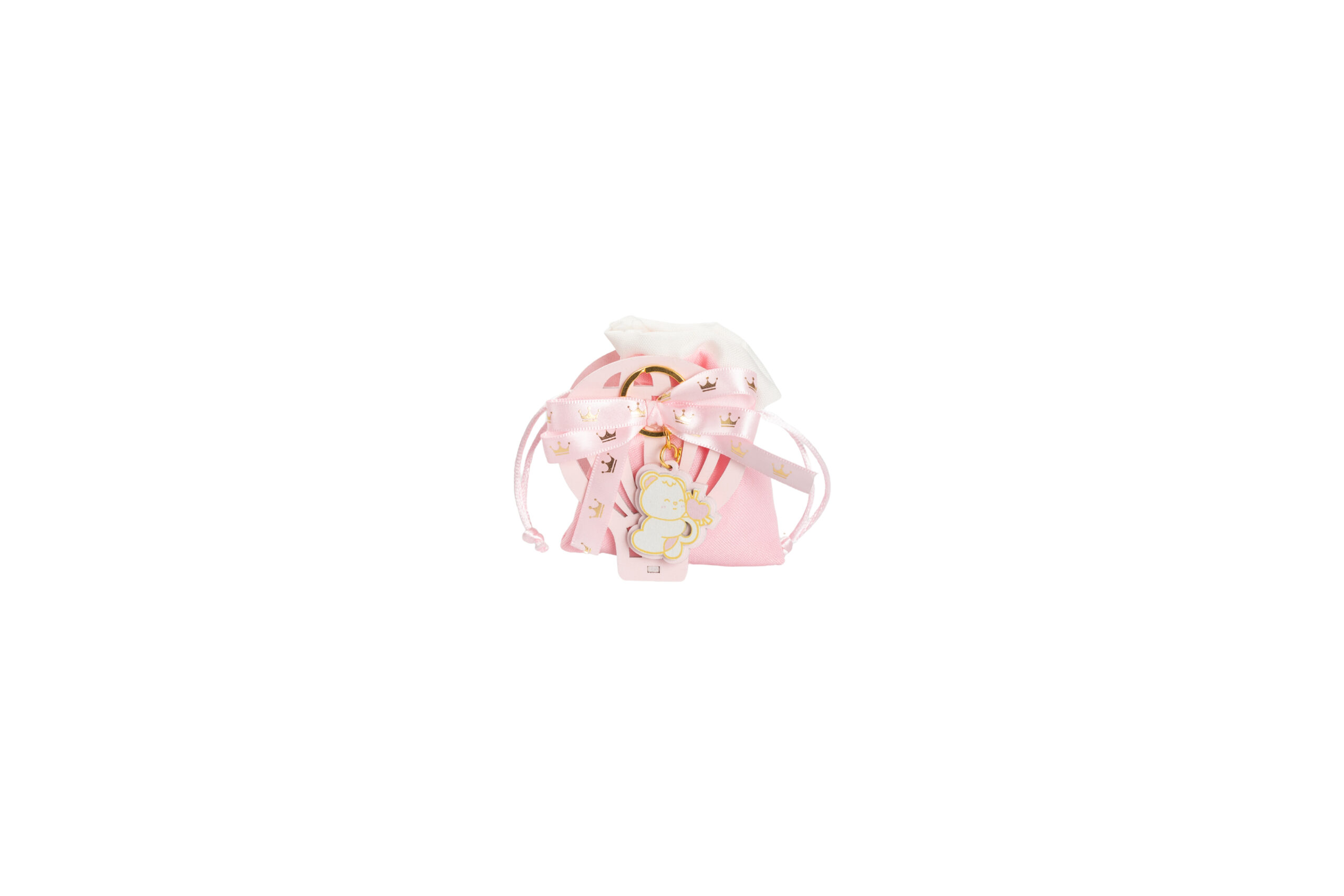 SCATOLINA PORTA CONFETTI MONGOLFIERA ROSA CON PORTA CHIAVI ORSETTO CON SACCH