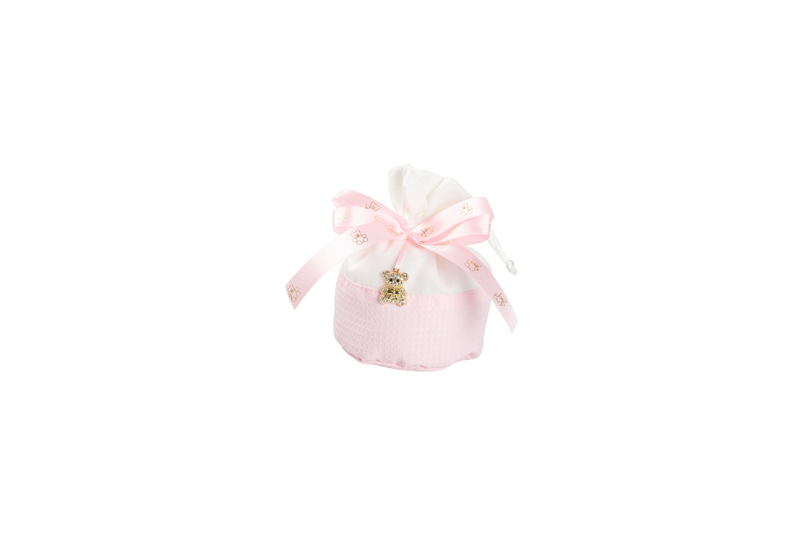 SACCHETTO ROSA BICOLOR CON NASTRINO E PENDENTE ORSETTO