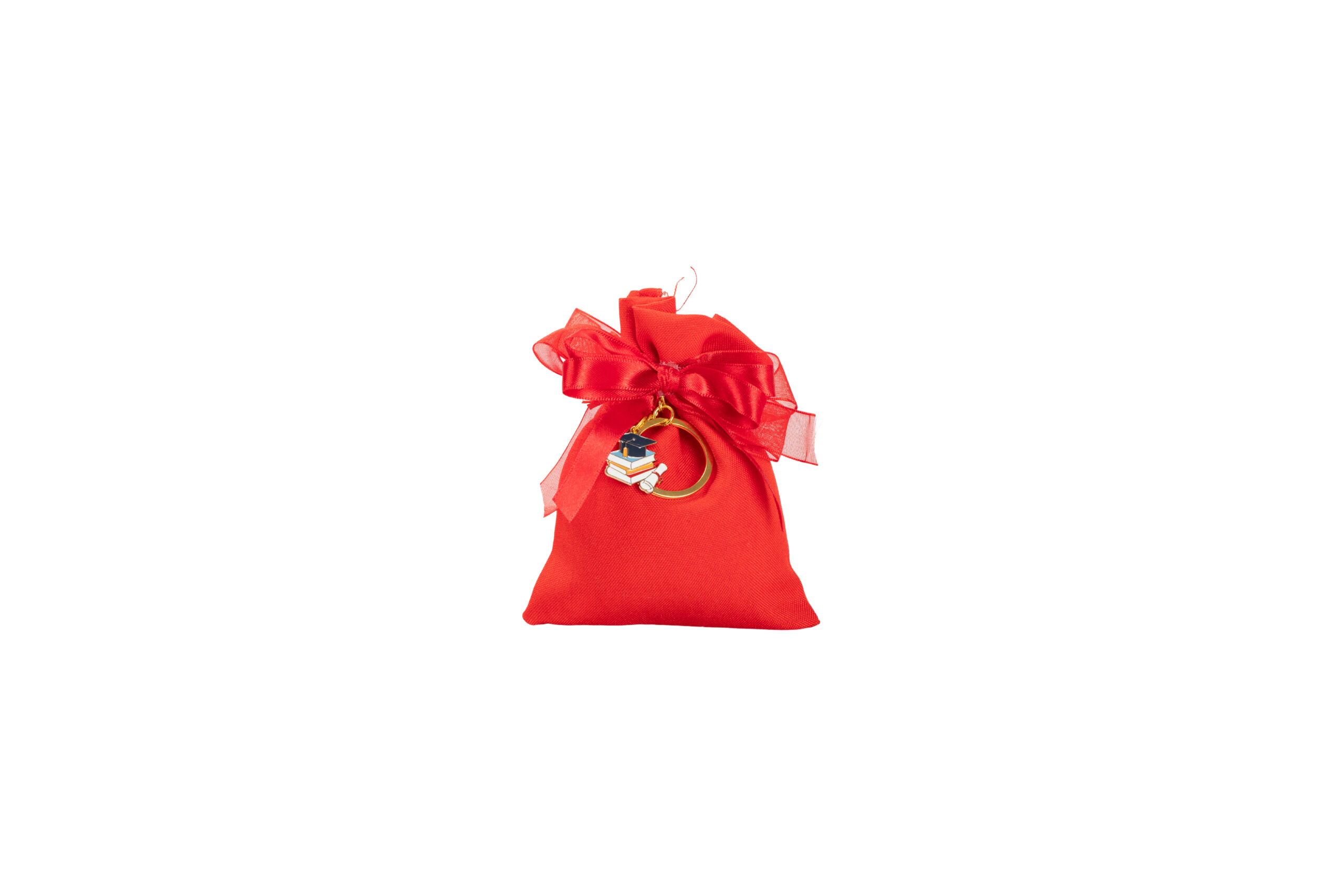 PORTA CHIAVI TOCCO CON LIBRI LAUREA CON SACCHETTO COTONE ROSSO